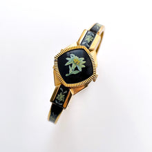 Load image into Gallery viewer, Vintage Quartz Watch with Black and Green Enamel Floral Design, Concealed Dial and Gold-Plated Bangle Bracelet
