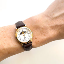 Load image into Gallery viewer, Vintage Ladies' Gold-Plated Lorus Sun & Moon Quartz Watch with Brown Leather Strap