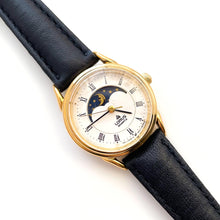 Load image into Gallery viewer, Vintage Ladies' Gold-Plated Lorus Sun & Moon Quartz Watch with Black Leather Strap