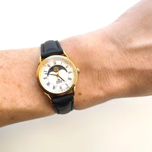 Load image into Gallery viewer, Vintage Ladies' Gold-Plated Lorus Sun & Moon Quartz Watch with Black Leather Strap