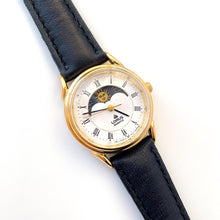 Load image into Gallery viewer, Vintage Ladies' Gold-Plated Lorus Sun & Moon Quartz Watch with Black Leather Strap
