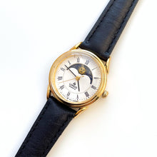 Load image into Gallery viewer, Vintage Ladies' Gold-Plated Lorus Sun & Moon Quartz Watch with Black Leather Strap