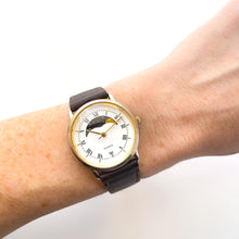 Load image into Gallery viewer, Vintage Unisex Gold-Tone Moon Phase Quartz Watch With Dark Brown Leather Strap