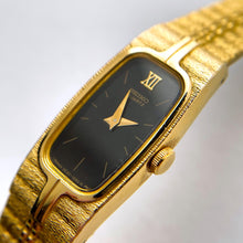 Load image into Gallery viewer, Tiny Vintage Gold-Plated Ladies' Seiko Quartz Watch with Black Rectangular Dial