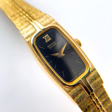 Load image into Gallery viewer, Tiny Vintage Gold-Plated Ladies' Seiko Quartz Watch with Black Rectangular Dial