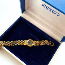 Load image into Gallery viewer, Vintage 1990s Gold-Plated Ladies' Seiko Quartz Watch with Tiny Black Dial - Boxed