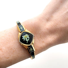 Load image into Gallery viewer, Vintage Quartz Watch with Black and Green Enamel Floral Design, Concealed Dial and Gold-Plated Bangle Bracelet