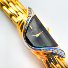 Load image into Gallery viewer, Extremely Rare Vintage 1990s 18ct Gold-Plated Ladies' Seiko Half Moon Quartz Watch With Black Asymmetrical Dial and Genuine Diamonds
