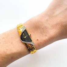 Load image into Gallery viewer, Extremely Rare Vintage 1990s 18ct Gold-Plated Ladies' Seiko Half Moon Quartz Watch With Black Asymmetrical Dial and Genuine Diamonds