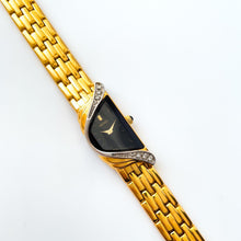Load image into Gallery viewer, Extremely Rare Vintage 1990s 18ct Gold-Plated Ladies' Seiko Half Moon Quartz Watch With Black Asymmetrical Dial and Genuine Diamonds