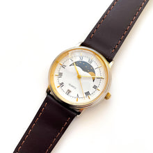 Load image into Gallery viewer, Vintage Unisex Gold-Tone Moon Phase Quartz Watch With Dark Brown Leather Strap