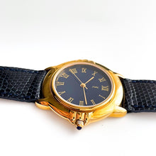 Load image into Gallery viewer, Vintage 90s Gold-Plated Yves Saint Laurent Unisex Quartz Watch with Navy Blue Dial and Leather Strap - Boxed