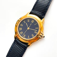 Load image into Gallery viewer, Vintage 90s Gold-Plated Yves Saint Laurent Unisex Quartz Watch with Navy Blue Dial and Leather Strap - Boxed