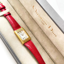 Load image into Gallery viewer, Vintage Christian Dior Gold-Plated Ladies' Quartz Watch with Red Leather Strap and Rectangular Tank Dial - Boxed