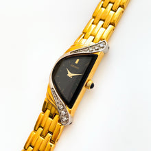 Load image into Gallery viewer, Extremely Rare Vintage 1990s 18ct Gold-Plated Ladies' Seiko Half Moon Quartz Watch With Black Asymmetrical Dial and Genuine Diamonds