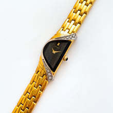 Load image into Gallery viewer, Extremely Rare Vintage 1990s 18ct Gold-Plated Ladies' Seiko Half Moon Quartz Watch With Black Asymmetrical Dial and Genuine Diamonds