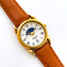 Load image into Gallery viewer, Vintage Constant Sun & Moon Phase Quartz Watch with Light Brown Leather Strap