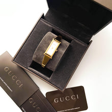 Load image into Gallery viewer, Vintage 1990s Ladies' Gold-Plated Gucci 1500L Bangle Quartz Watch with Rectangular Mother of Pearl Dial - Boxed