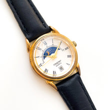 Load image into Gallery viewer, Vintage Ladies' Constant Sun & Moon Phase Quartz Watch with Black Leather Strap - Boxed