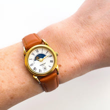 Load image into Gallery viewer, Vintage Constant Sun & Moon Phase Quartz Watch with Light Brown Leather Strap