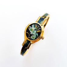 Load image into Gallery viewer, Vintage André Mouche Quartz Watch with Black & Green Enamel Floral Design, Concealed Dial and Gold-Plated Bangle Bracelet - Boxed