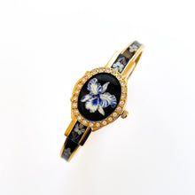 Load image into Gallery viewer, Vintage André Mouche Quartz Watch with Black & Blue Enamel Floral Design, Crystal-Set Bezel, Concealed Dial and Gold-Plated Bracelet - Boxed