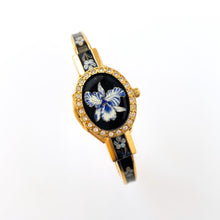 Load image into Gallery viewer, Vintage André Mouche Quartz Watch with Black & Blue Enamel Floral Design, Crystal-Set Bezel, Concealed Dial and Gold-Plated Bracelet - Boxed