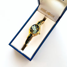 Load image into Gallery viewer, Vintage André Mouche Quartz Watch with Black & Green Enamel Floral Design, Concealed Dial and Gold-Plated Bangle Bracelet - Boxed