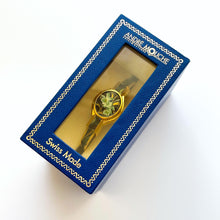 Load image into Gallery viewer, Vintage André Mouche Quartz Watch with Black & Green Enamel Floral Design, Concealed Dial and Gold-Plated Bangle Bracelet - Boxed