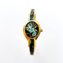 Load image into Gallery viewer, Vintage André Mouche Quartz Watch with Black & Green Enamel Floral Design, Concealed Dial and Gold-Plated Bangle Bracelet - Boxed