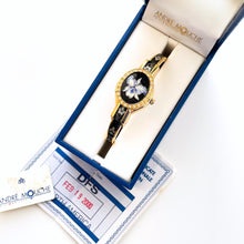 Load image into Gallery viewer, Vintage André Mouche Quartz Watch with Black & Blue Enamel Floral Design, Crystal-Set Bezel, Concealed Dial and Gold-Plated Bracelet - Boxed