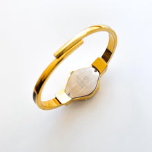 Load image into Gallery viewer, Vintage André Mouche Quartz Watch with Black & Blue Enamel Floral Design, Crystal-Set Bezel, Concealed Dial and Gold-Plated Bracelet - Boxed