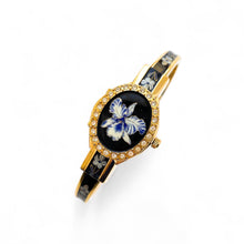 Load image into Gallery viewer, Vintage André Mouche Quartz Watch with Black & Blue Enamel Floral Design, Crystal-Set Bezel, Concealed Dial and Gold-Plated Bracelet - Boxed