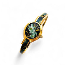 Load image into Gallery viewer, Vintage André Mouche Quartz Watch with Black & Green Enamel Floral Design, Concealed Dial and Gold-Plated Bangle Bracelet - Boxed