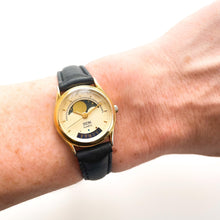 Load image into Gallery viewer, Vintage Ladies Zeon Moon Phase Quartz Watch with Black Leather Strap
