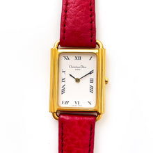 Load image into Gallery viewer, Vintage Christian Dior Gold-Plated Watch: Red Leather Strap, Tank Dial (Boxed)