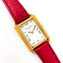 Load image into Gallery viewer, Vintage Christian Dior Gold-Plated Watch: Red Leather Strap, Tank Dial (Boxed)