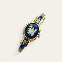Load image into Gallery viewer, Vintage André Mouche Quartz Watch - Navy Floral Design, Concealed Dial, Gold-Plated