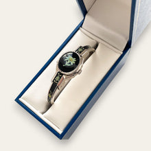 Load image into Gallery viewer, Vintage André Mouche Peek-a-Boo Quartz Watch - Silver-Tone, Black Floral Design