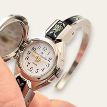 Load image into Gallery viewer, Vintage André Mouche Peek-a-Boo Quartz Watch - Silver-Tone, Black Floral Design