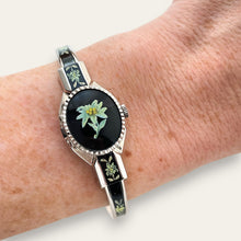 Load image into Gallery viewer, Vintage André Mouche Peek-a-Boo Quartz Watch - Silver-Tone, Black Floral Design