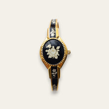 Load image into Gallery viewer, Vintage André Mouche Peek-a-Boo Watch: Black Floral Bangle Bracelet