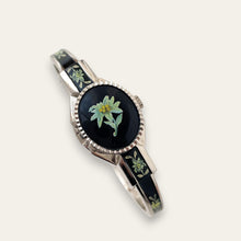 Load image into Gallery viewer, Vintage André Mouche Peek-a-Boo Quartz Watch - Silver-Tone, Black Floral Design