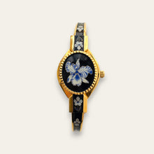 Load image into Gallery viewer, Vintage André Mouche Quartz Peek-a-Boo Watch - Black & Blue Floral Design
