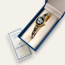 Load image into Gallery viewer, Vintage André Mouche Quartz Peek-a-Boo Watch - Black & Blue Floral Design