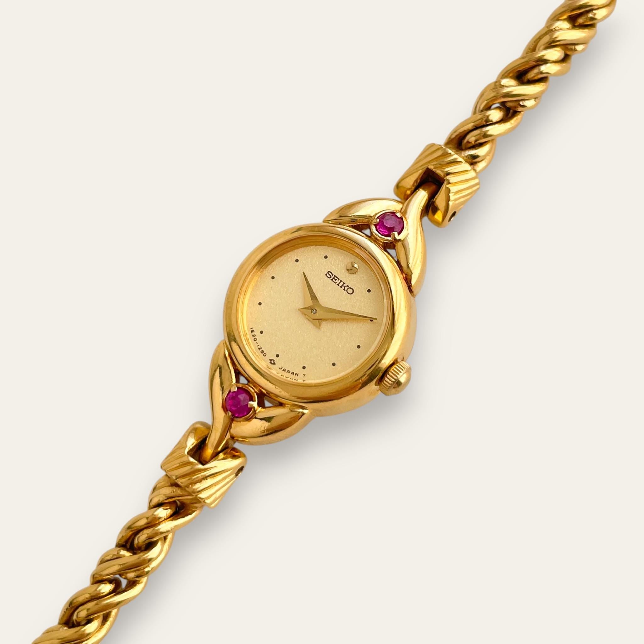 Vintage Seiko Gold Plated Watch - Rubies, Twisted Chain Bracelet