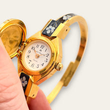 Load image into Gallery viewer, Vintage André Mouche Quartz Peek-a-Boo Watch - Black & Blue Floral Design