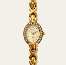 Load image into Gallery viewer, Vintage F. Hinds Gold Plated Ladies Watch Crystal Bezel Bracelet Strap, Quartz