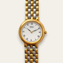 Load image into Gallery viewer, Vintage Seiko Two-Tone Watch, White Dial, Roman Numerals, Gold Bezel, Quartz