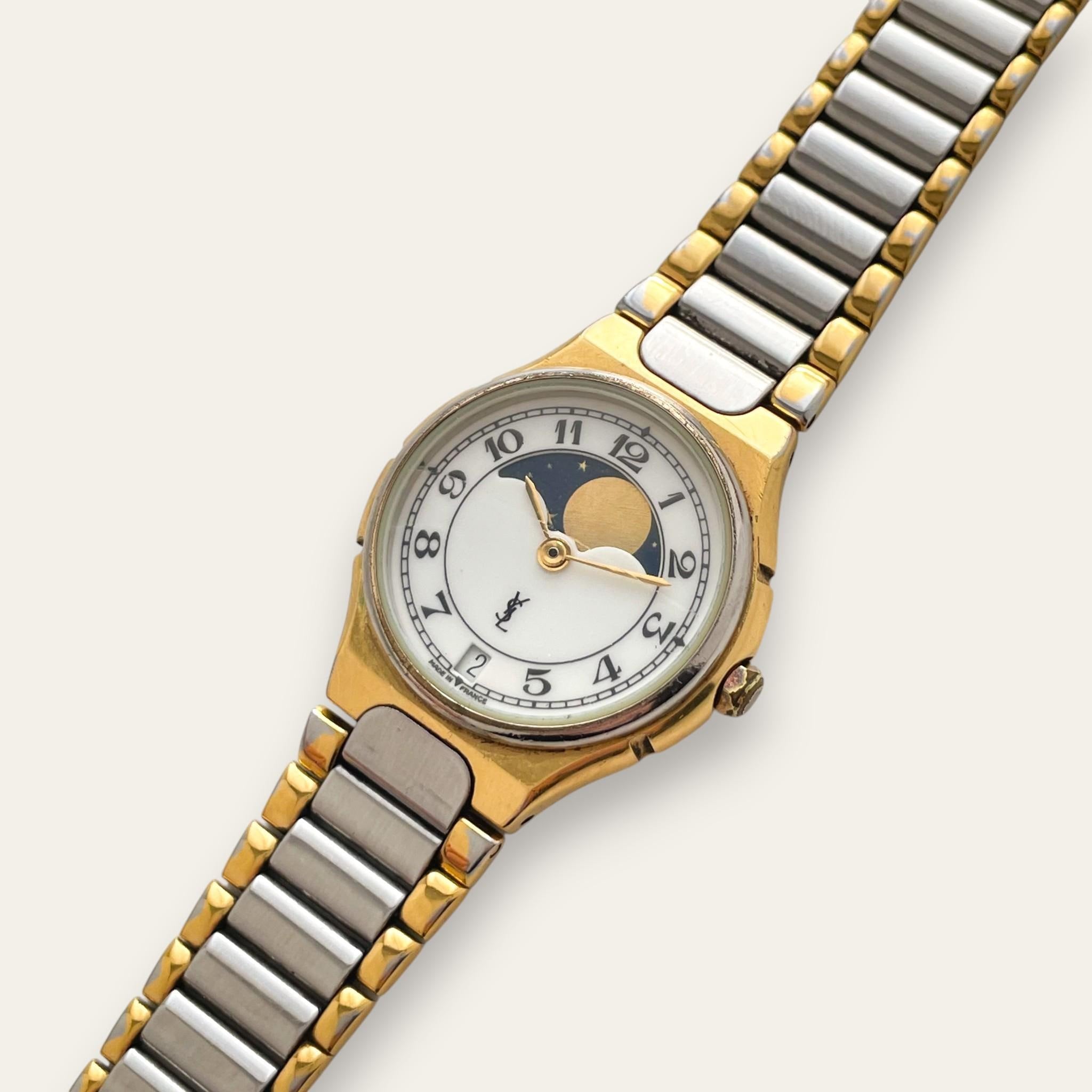 Vintage Yves Saint Laurent Moon Phase Quartz Watch, Two-Tone